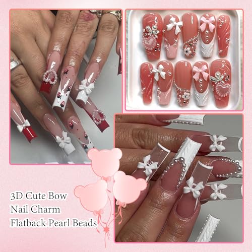 RODAKY White Bow Knot Nail Charms & Flatback Pearls 300Pcs for Nail Art DIY