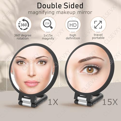CLSEVXY Magnifying Handheld Mirror Double Sided, 1X 15X Magnification Hand Mirrors, Travel Folding Hand Held Mirror, 360¡ÆRotation Pedestal Makeup Vanity Mirror