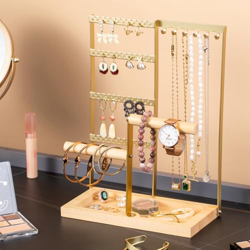 Gold Jewelry Organizer Stand - 4 Tier Earring Holder with Necklace Hooks