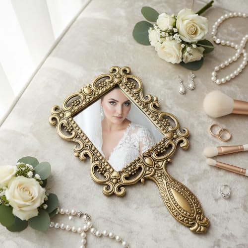 KridayKraft Gold Plated Decorative Hand Mirror – Antique Square Makeup Mirror