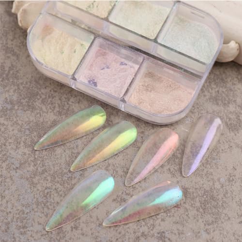 Mangoit Aurora Mirror Nail Powder - 6 Grids Chrome Pearl Glitter for Nail Art (01_Aurora)