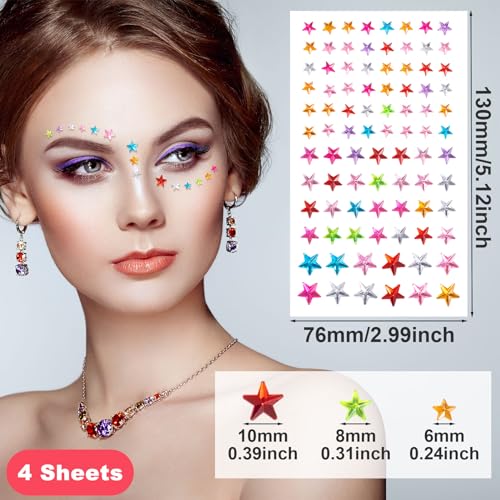 OIIKI Colorful Star Face Gem Stickers - 352pcs Rhinestones for Makeup