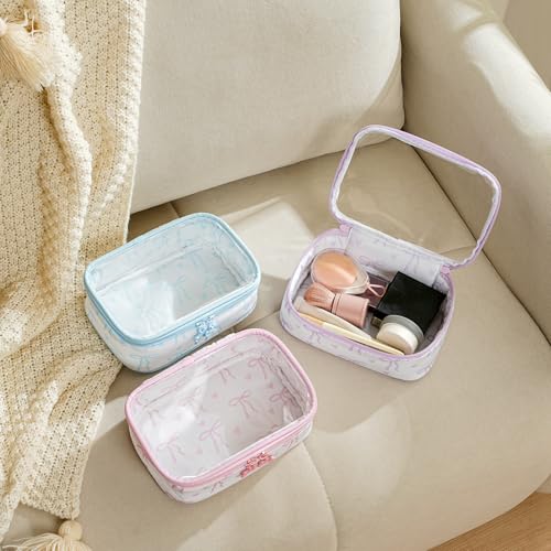 RSRSLEII Pink Clear Makeup Bag with Bow Pattern - Small Travel Cosmetic Organizer