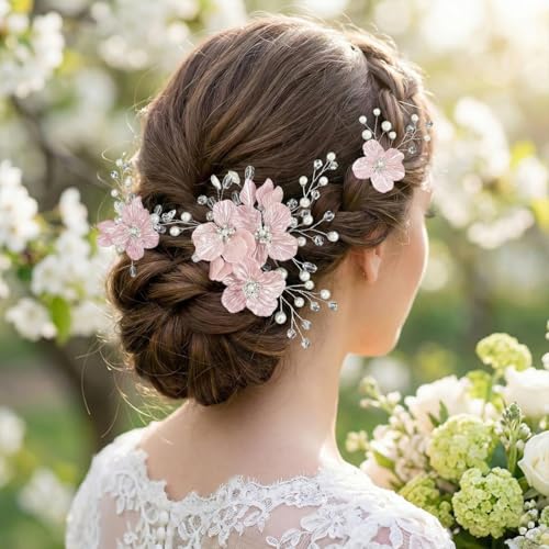 Pink 5 Pack Large Flower Bridal Hair Pins with Crystal Pearls – Wedding Clips Set