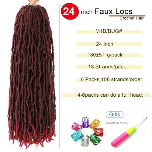 Ahrencan 24 Inch Burgundy Faux Locs Crochet Hair - 6 Packs | Soft & Lightweight