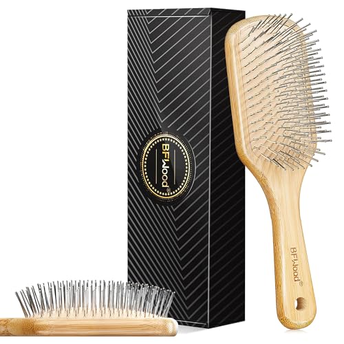 BFWood Bamboo Hair Brush with Metal Bristles for Detangling and Scalp