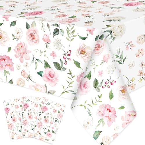 Ganeen 3 Pack Pink Floral Disposable Tablecloths, 54 x 108 Inch