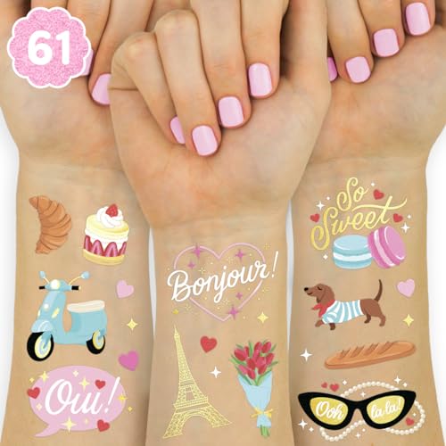 Paris Themed Temporary Tattoos - 61 Waterproof Foil Designs for Parties