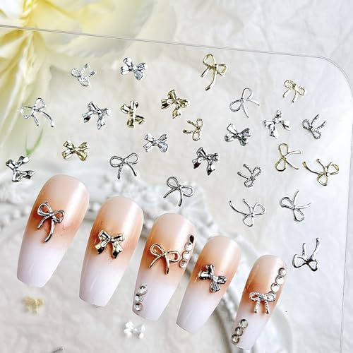 120Pcs Mixed 3D Metal Bow Nail Charms - Gold & Silver Nail Art Accessories