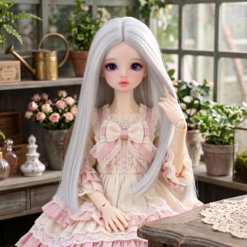 M MISS U HAIR Sliver Grey Long Straight 8-9 Inch BJD MSD Wig Center Parting for DIY Doll Styling