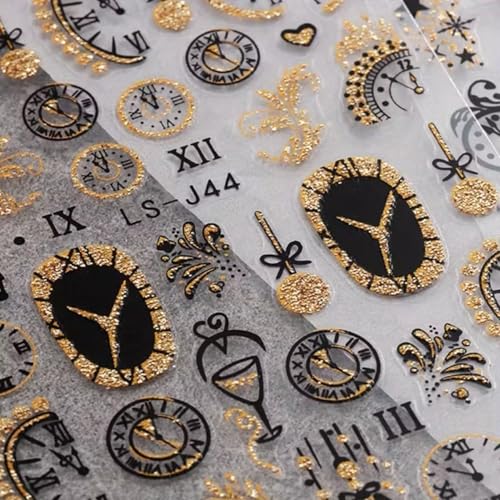 Christmas 6Pcs 3D Nail Stickers Set - Self-Adhesive Gold Glitter Clock & Countdown