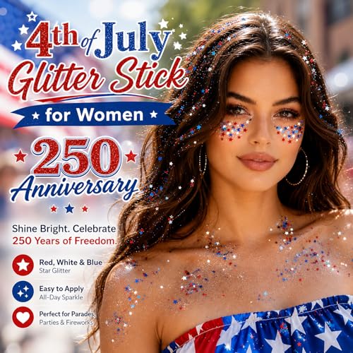 Patriotic 4th of July Glitter Stick, Sparkle Red White and Blue Face Hair Body Glitter Independence Day 250 Anniversary Party, USA Flag 4th of July Outfits and Accessories for Women Kids, Memorial Day