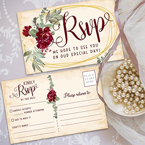 Burgundy Roses RSVP Postcards - Wedding Invitation Kit of 50