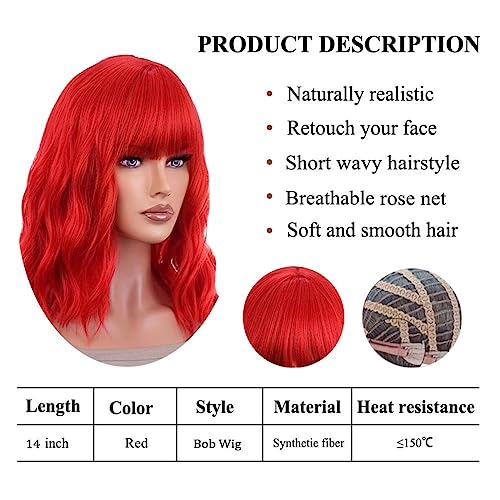 ANESHE Red Short Curly Wig with Bangs for Women - Wavy Bob Style, Shoulder Length, Heat-Resistant Synthetic Fiber, Daily & Party Use