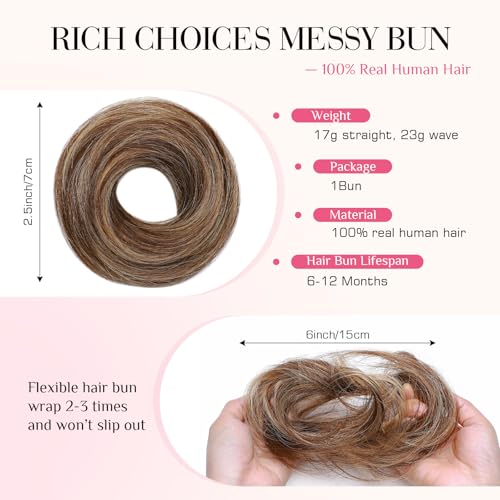 Rich Choices Human Hair Messy Bun Hair Piece for Women - Straight Medium Brown Highlight Dark Blonde, Easy Updo Extension