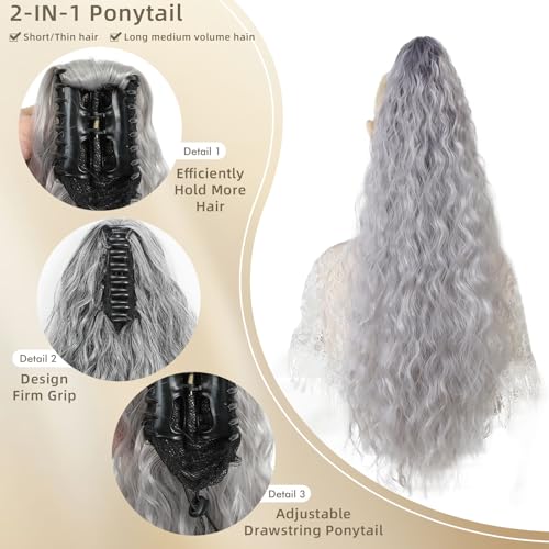 26-Inch Long Wavy Claw Clip Ponytail Extension - Light Grey Synthetic Hair