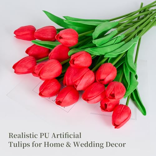 13" Red Artificial Tulips - Realistic Faux Flowers for Home Decor