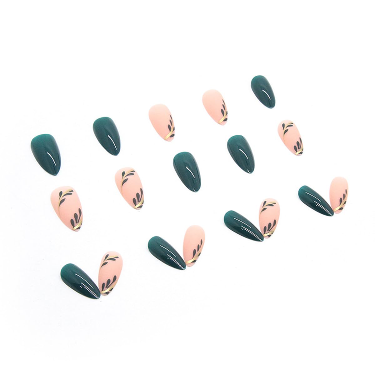 Almond Press-On Nails - Leaf Design Green Full Cover Glossy | 24PCS Manicure Set