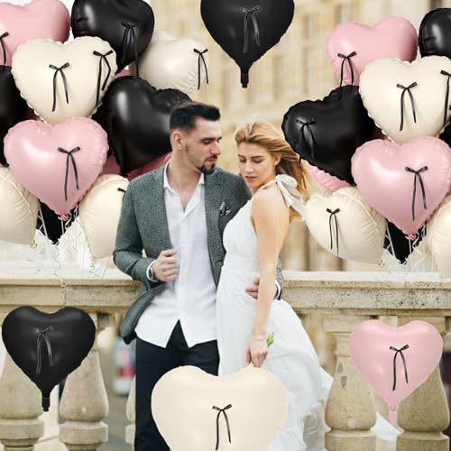 10 Pcs Pink and Black Heart Balloons with Ribbons - 18 Inch