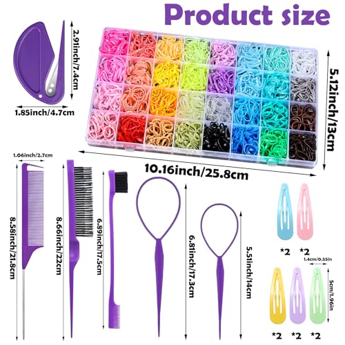 Auroray 32 Colors Small Hair Rubber Bands with 16 Styling Tools, 2000 Pcs Elastic Girl Baby Hair Ties, Mini Bands with Elastic Cutter, Hair Accessories Xmas Stuff for Girls Baby Toddlers Kids