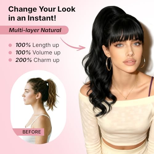 18" Natural Black Ponytail Extension Clip In for Women - Long Wavy
