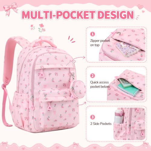 Cute Corduroy Girls Backpack with Mini Coin Purse - Pink Floral