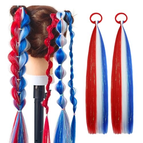 Colored Hair Extensions - Red White Blue 20 Inch Ponytail (Pack of 2)