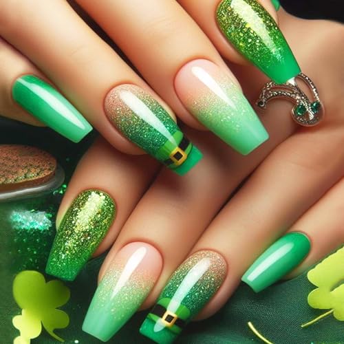 GCSQW St. Patrick's Day Glitter Nails - 11 Glitter Design Fake Coffin Nails, Green Gradient with Hat, Press-On 24pcs