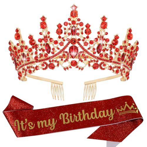 Red Crystal Birthday Tiara Crown with Combs for Girls and Women