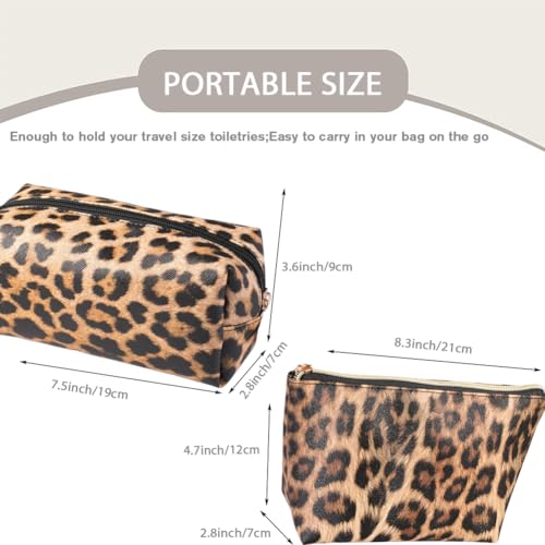 Brown Leopard Print Leather Cosmetic Bags Set - Travel Makeup Organizer for Women
