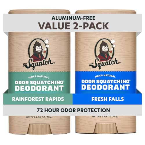 Dr. Squatch Natural Men¡¯s Deodorant ? Aluminum Free Natural Deodorant Men with Charcoal & Postbiotics for 72-Hour Odor Protection ? Rainforest Rapids + Fresh Falls, 2.65oz Stick (2-Pack)