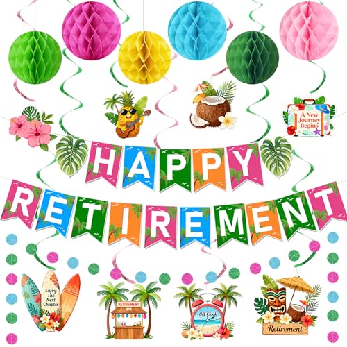 Tropical Hawaiian Retirement Party Decoration Kit - Happy Retirement Banner & Honeycomb Balls