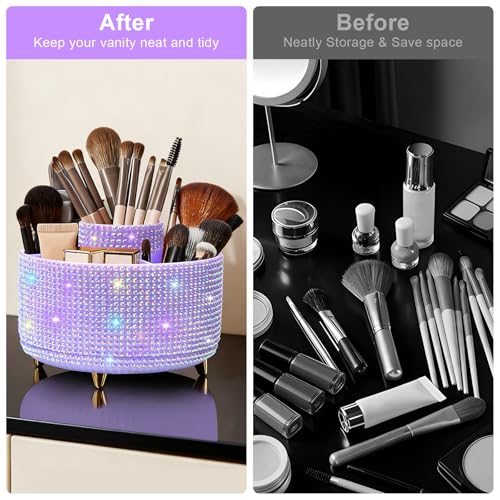 Diesisa 360° Rotating Bling Makeup Organizer - 5-Slot Diamond Purple Holder