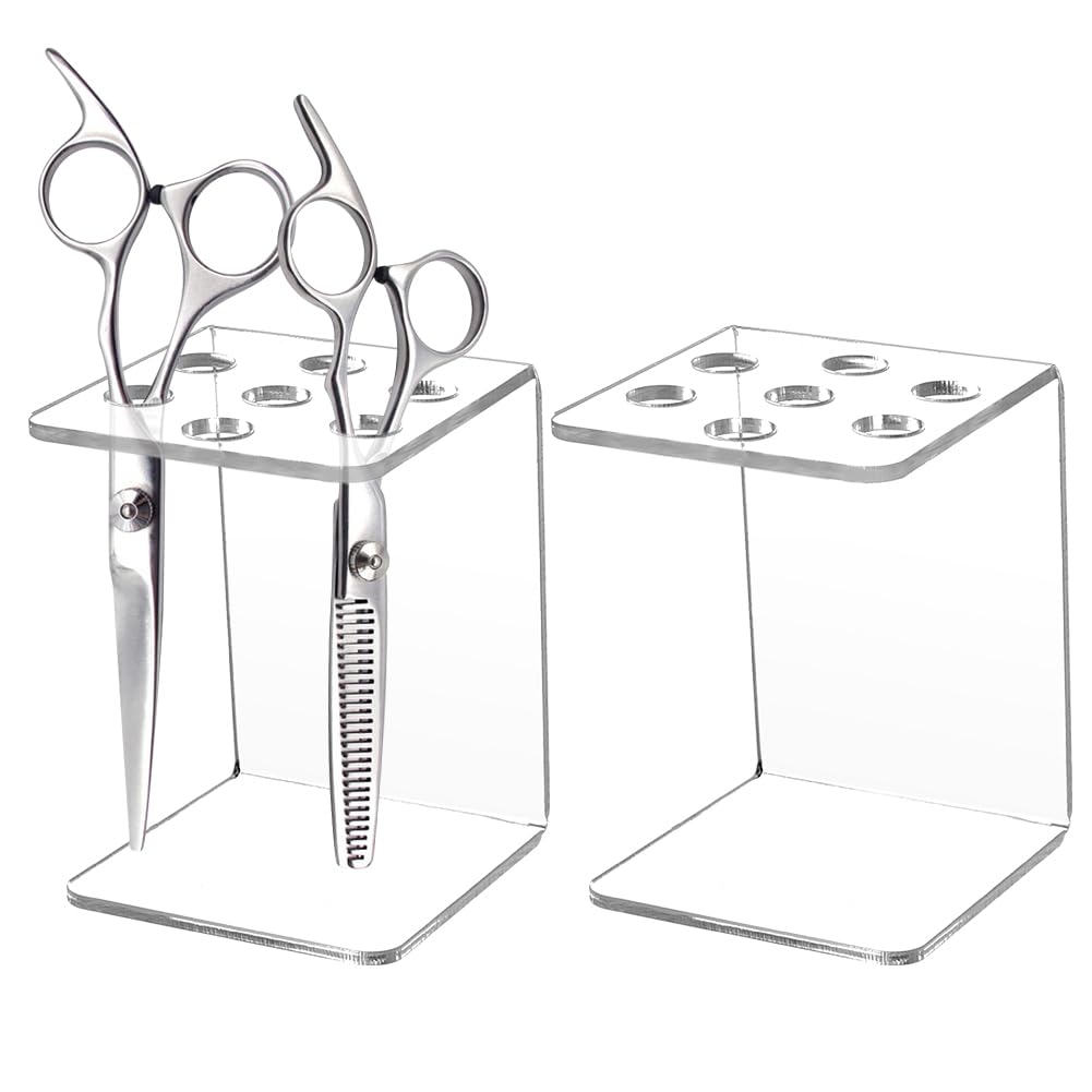 AHANDMAKER 2 Pack Scissor Holder Rack, Acrylic Desktop Organizer Stand for Salon Sewing Barber Shears Organizer Hair Pet Grooming Tools Storage Decoration, Transparent
