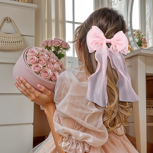 Large Pink Bow Hair Clip with Long Ribbon Tail for Women & Girls