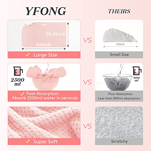 YFONG Microfiber Hair Towel Wrap - Fast Drying, Super Absorbent, 26" x 40", Pink