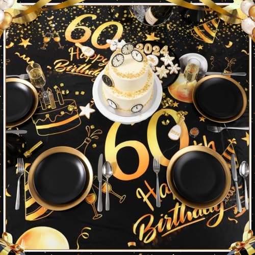 Oudain 3-Pack 60th Birthday Tablecloths - Black & Gold, 84-Inch