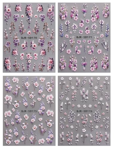 JMEOWIO 3D Floral Nail Art Stickers - Self-Adhesive Decals, 4 Sheets