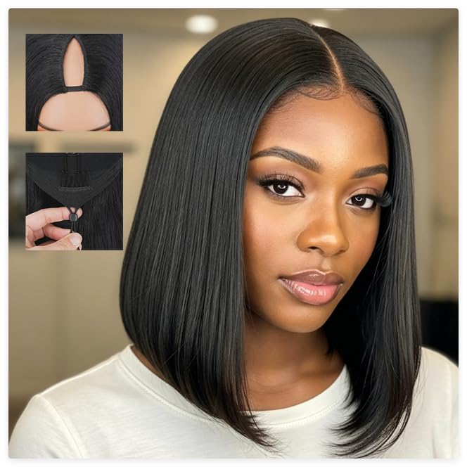 V Part Bob Wigs - 250% Density Brazilian Straight Human Hair for Black Women | 10-Inch Glueless Clip-In Half Wig