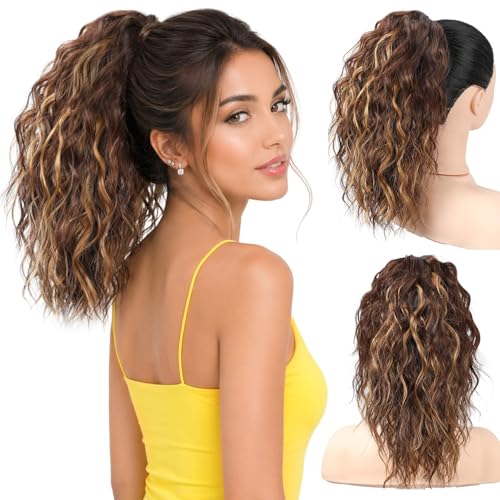 14 Inch Short Ponytail Extension H6A/26# | Curly Clip-In Synthetic Hair for Women - Chocolate Brown Mix Blonde