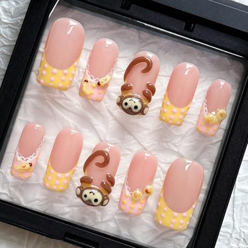 MAGLFELL Cartoon Monkey Design Press On Nails - Medium Square Acrylic Fake Nails (Size S, 10 Pcs)