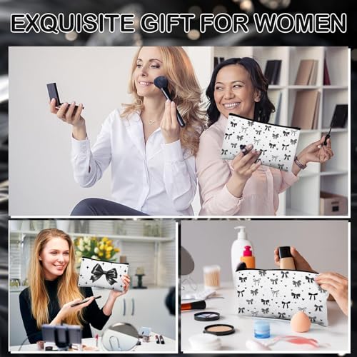 Black Bow Makeup Bags Set - 8 Floral Canvas Cosmetic Pouches for Women & Bridesmaids