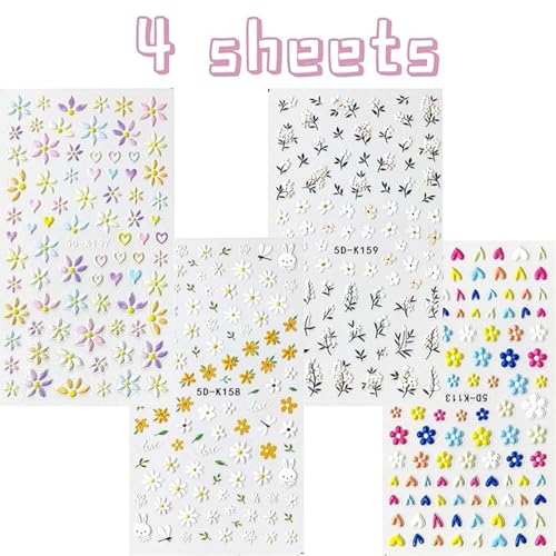 VOTACOS Flower Nail Stickers - 5D Embossed Floral Decals Set