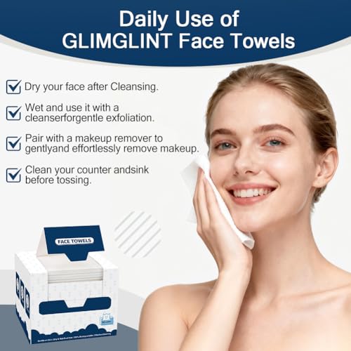 GLIMGLINT Disposable Face Towels - Pack of 200, Soft & Reusable Makeup Wipes