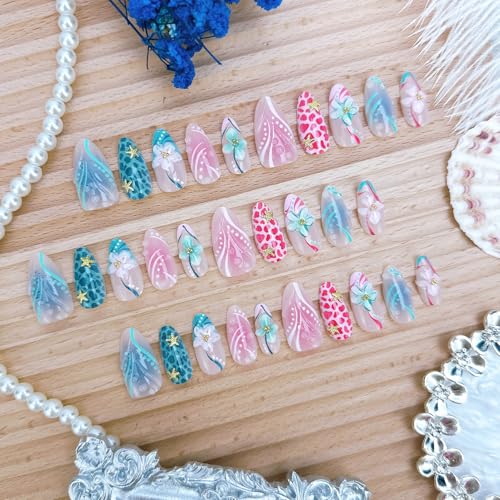 30pcs Almond Press On Nails with 3D Floral Design - DIY Manicure