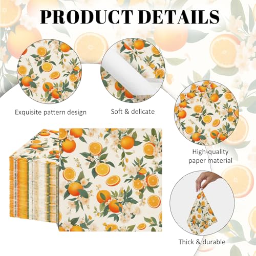80 Pack Decorative Orange Citrus Napkins - 6.5x6.5 Inch Disposable Paper Napkins for Parties