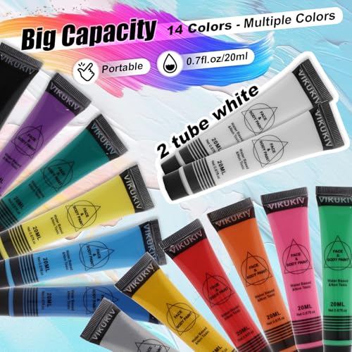 VIKUKIV 14-Color Water-Based Face & Body Paint Kit for Kids & Adults