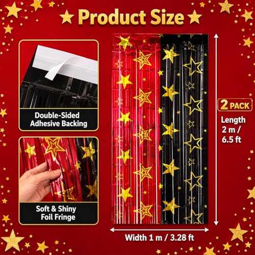 Movie Night Foil Fringe Curtains Backdrop - 2 Pack, 3.3 x 6.6 Ft Red & Black