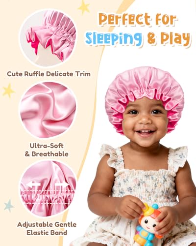 Kids Satin Bonnet Set 2 pcs for Girls 3-12 Years Rosegold & Hotpink - Double Layer Silk Baby Sleep Caps