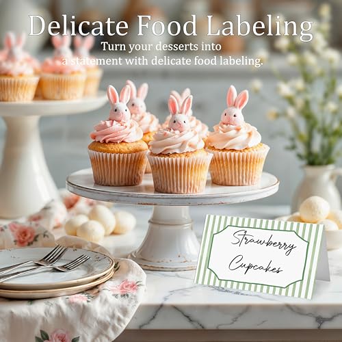 Green Striped Place Cards - 25 Pcs Watercolor Tent Cards for Events